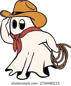Cute Cowboy Ghost Holding Lasso Behind Back, Western Halloween Vector Illustration
