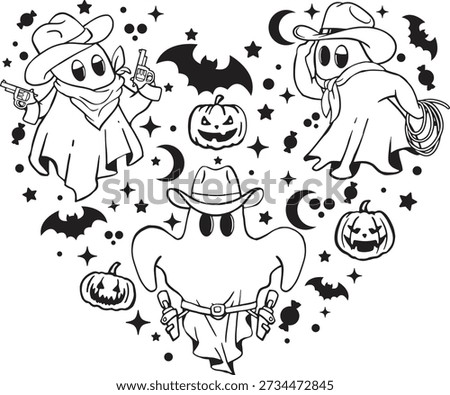 Cute Cowboy Ghost Line Art, Spooky Western Halloween Vector Illustration