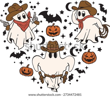 Cute Cowboy Ghost, Spooky Western Halloween Vector Illustration
