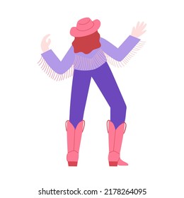 Cute cowboy girl dancing on isolated background. Vector flat illustration with cowgirl in jacket with fringe, hat and pink boots. 