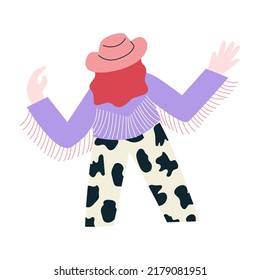 Cute cowboy girl dancing on isolated background. Back view. Vector flat illustration with cowgirl in jacket with fringe, hat and pink boots. 