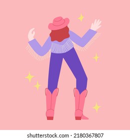 Cute cowboy girl dancing on the disco party. Vector flat illustration with cowgirl in jacket with fringe, hat and pink boots. 