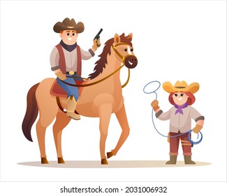 Un vaquero lindo sosteniendo una pistola mientras monta a caballo y vaquera sosteniendo personajes de cuerda de lazo. Ilustración del concepto de vida silvestre occidental