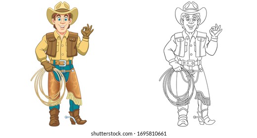 Cute cowboy, horse rider with lasso rope. Coloring page and colorful clipart character. Cartoon design for t shirt print, icon, logo, label, patch or sticker. Vector illustration.