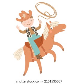 Cute cowboy with lasso on the horse horse on white background. Set of wild west hand drawn vector illustration.