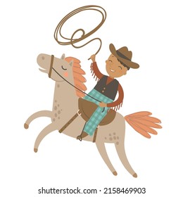 Cute cowboy with lasso on the horse horse on white background. Set of wild west hand drawn vector illustration.
