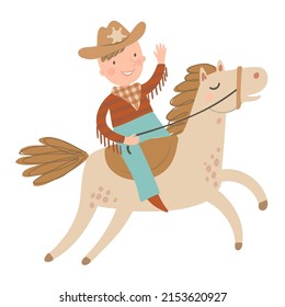 Cute cowboy on the horse horse on white background. Set of wild west hand drawn vector illustration.