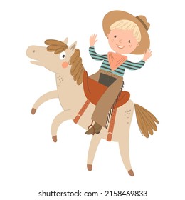 Cute cowboy on the horse horse on white background. Set of wild west hand drawn vector illustration.