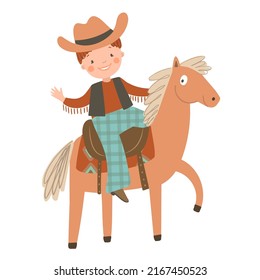 Cute cowboy auf dem Pferd auf weißem Hintergrund. Set von wilden Westhandgezeichnet Vektorgrafik.