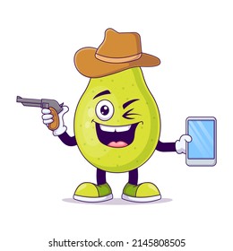 Cute cowboy pear cartoon vector illustration design. Fruit mascot character concept isolated vector