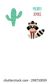 cute cowboy raccoon merry xmas greeting card