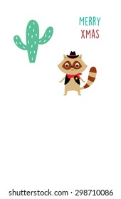 cute cowboy raccoon merry xmas greeting card