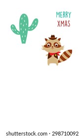 cute cowboy raccoon merry xmas greeting card