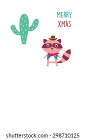 cute cowboy raccoon merry xmas greeting card