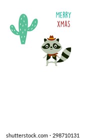 cute cowboy raccoon merry xmas greeting card