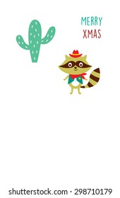cute cowboy raccoon merry xmas greeting card