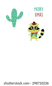 cute cowboy raccoon merry xmas greeting card