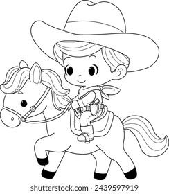 Cute cowboy riding horse coloring page for kids .vector