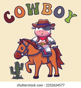 Cute cowboy riding a horse in a desert illustration.