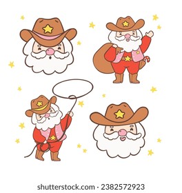 Cute Cowboy Santa Claus Western Christmas Collection cartoon character hand drawing illustration. Ideal for cards, decor, and more.