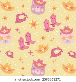 Cute cowboy seamless pattern with cats, hats, boots, and stars in pink and yellow. Fun and playful vector illustration for children's design, fabric, wrapping paper, wallpaper, and decorations.