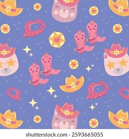 Cute cowboy-themed seamless pattern with pink and yellow elements on a purple background. Vector illustration of cats in hats, boots, and bandanas. Perfect for children's textiles, wrapping paper