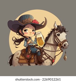 cute cowgirl drink beer chibi style vector art