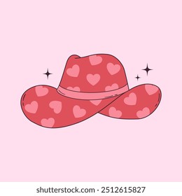 Cute cowgirl hat with hearts pattern. Hand drawn cowboy element in trendy y2k style. Vector clipart for card, poster, collage design