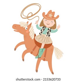 Cute cowgirl with lasso on the horse horse on white background. Set of wild west hand drawn vector illustration.