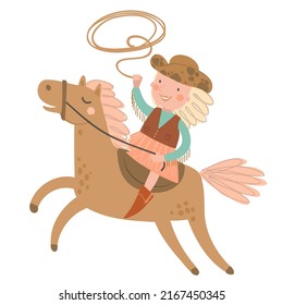 Cute cowgirl with lasso on the horse horse on white background. Set of wild west hand drawn vector illustration.