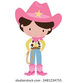 Cute cowgirl with lasso vector cartoon illustration