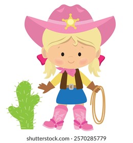 Cute cowgirl with lasso vector cartoon illustration