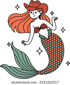 Cute cowgirl mermaid cartoon illustration