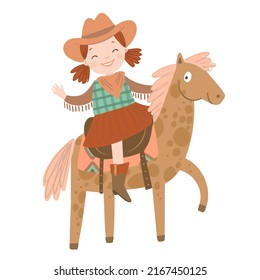 Una vaquera linda sobre el caballo de fondo blanco. Conjunto de ilustración vectorial dibujada a mano oeste silvestre.