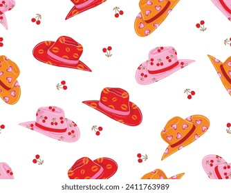 Cute Cowgirl  seamless vector pattern. Howdy Cowboy hats, Cherry repeating background. Wild West surface pattern design for All fabric and Prints