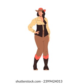 Cute cowgirl, vector illustration drawn in flat cartoon style isolated on white background. Beautiful young woman in hat, dressed in wild west style. Western female character