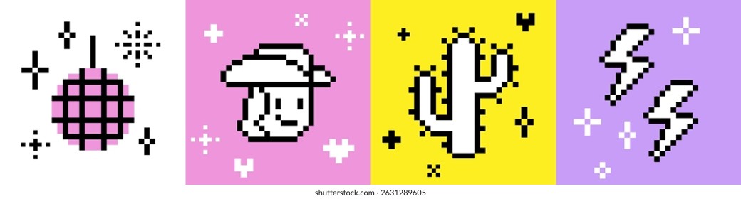 Cute cowgirls disco party pixel art icon set. Y2k wild west party elements. Cowboy emoji. Vintage bold retro sticker. Futuristic game abstract vector pattern. Bright and bold modern geometric shape