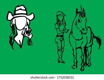 Cute cowgirls  wearing accessories items,boots,hat,jacket,horse.