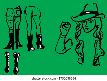 Cute cowgirls  wearing accessories items,boots,hat,jacket,horse.