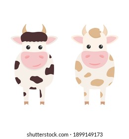 Cute cows charcaters set. Farm cartoon animals. Vector illustration isolated on white