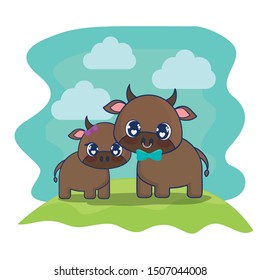 cute cows couple characters vector illustration