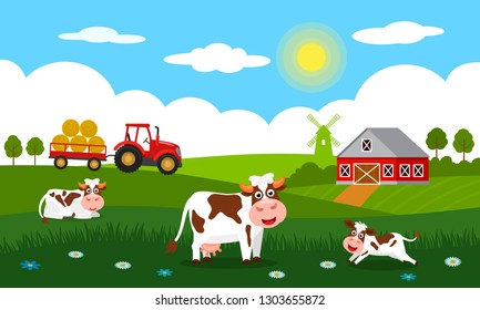 Vacas bonitas e bezerros engraçados pastam na grama verde contra o pano de fundo de uma paisagem rural de verão, fazenda, moinho e trator vermelho com um trailer. Ilustração de vetor plano em estilo cartoon.