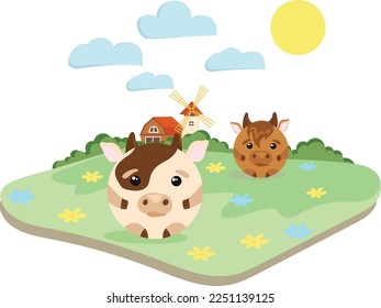 Cute Cows graze on the field near a farm, the sun is shining above them and clouds are floating in the sky.