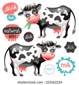 Cute cows, milk badges and labels set. Vector.