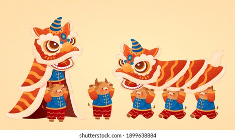 Cute cows performing lion dance. Animal elements isolated on beige background, suitable for Chinese new year activity.