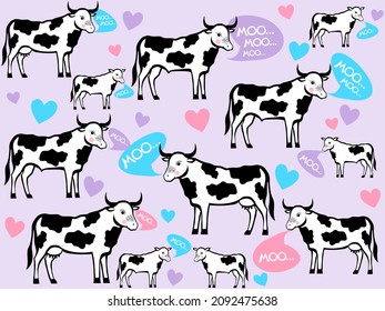 Cute cows. Seamless Pattern illustration with cow talking Moo. Baby background for apparel, room decor, tee prints, baby shower, fabric design, wrapping , textile prints, wrapping paper, milk packages