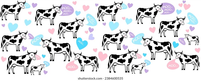 Cute cows. Seamless pattern illustration with cow talking Moo. Baby background for apparel, room decor, tee prints, baby shower, fabric design, wrapping , textile prints, wrapping paper, milk packages