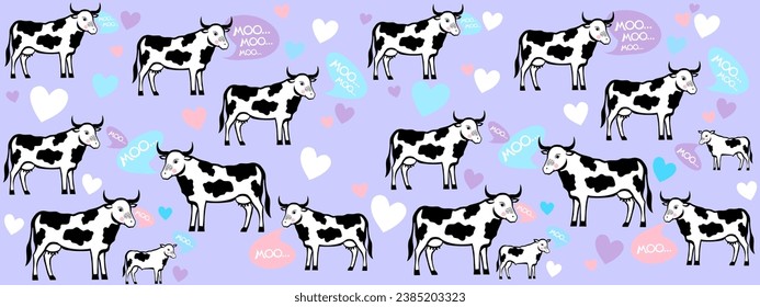 Cute cows. Seamless pattern illustration with cow talking Moo. Baby background for apparel, room decor, tee prints, baby shower, fabric design, wrapping , textile prints, wrapping paper, milk packages