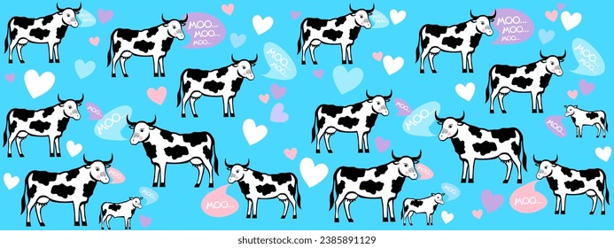 Vacas ricas. Ilustración de patrón sin foco con vaca hablando Moo. Fondo de bebé para prendas de vestir, decoración de habitación, estampados, ducha de bebé, diseño de tela, envoltura, estampados textiles, papel de envoltura, paquetes de leche