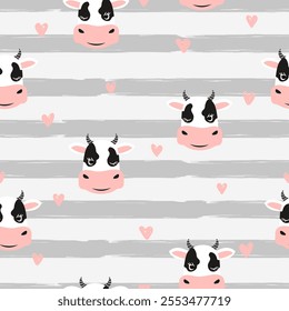 Cute cows seamless pattern. Vector childish striped background